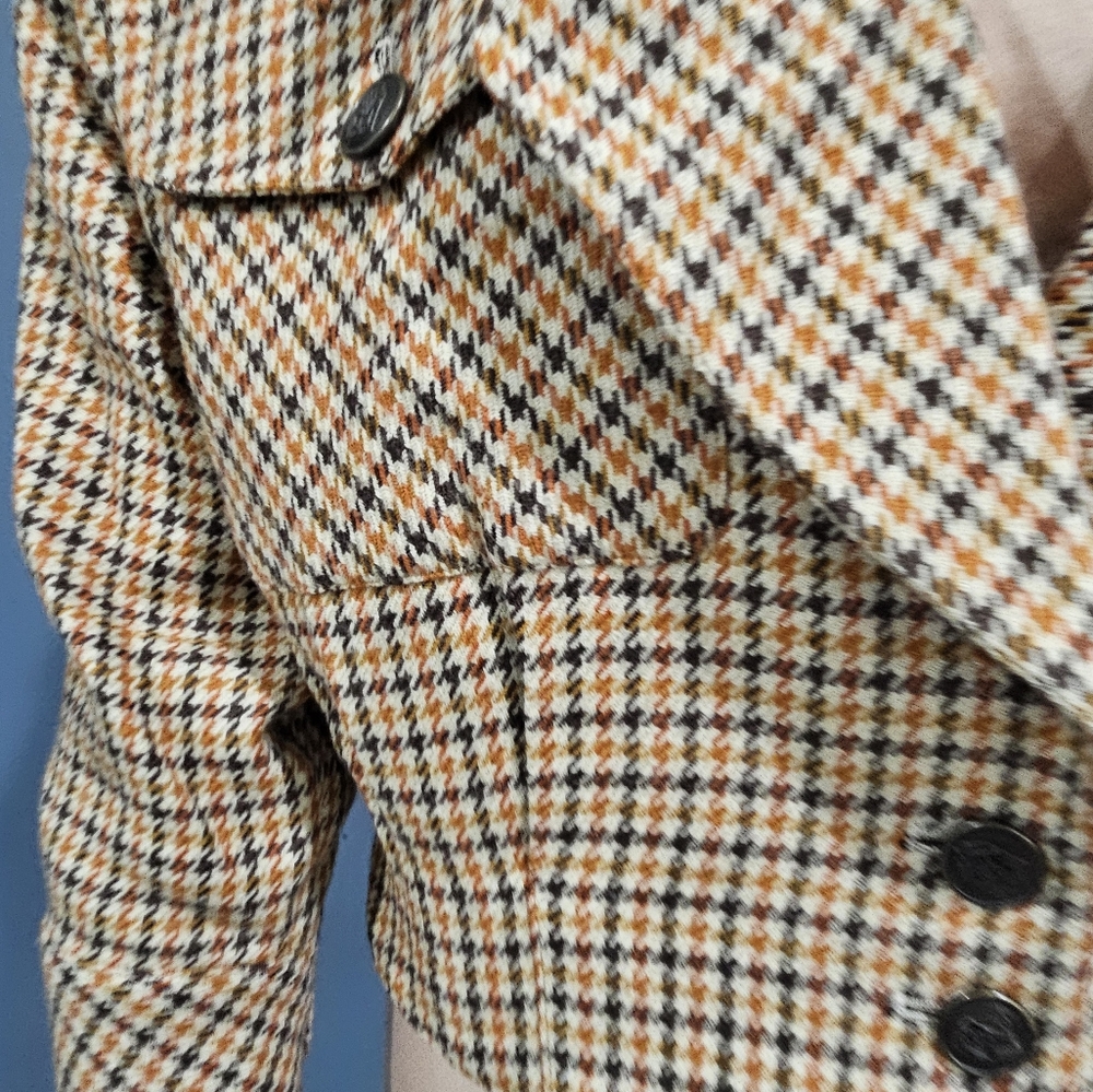 ATELIER SAB Women Wool Houndstooth Cream Brown Orange Cropped Jacket M/L - Picture 7 of 10